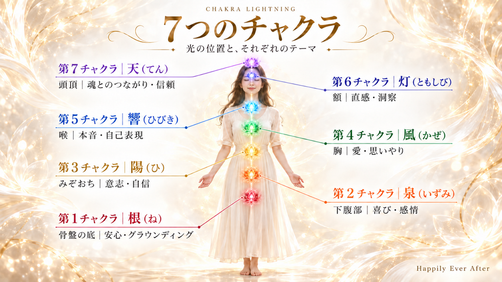7つのチャクラ、光の位置とそれぞれのテーマのイメージ